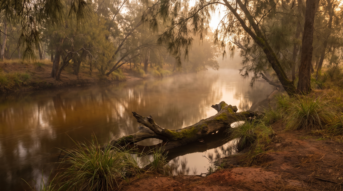 Quiet river bend at first light in northern Australian bushland, tannin-stained water and a partly submerged fallen eucalypt trunk.