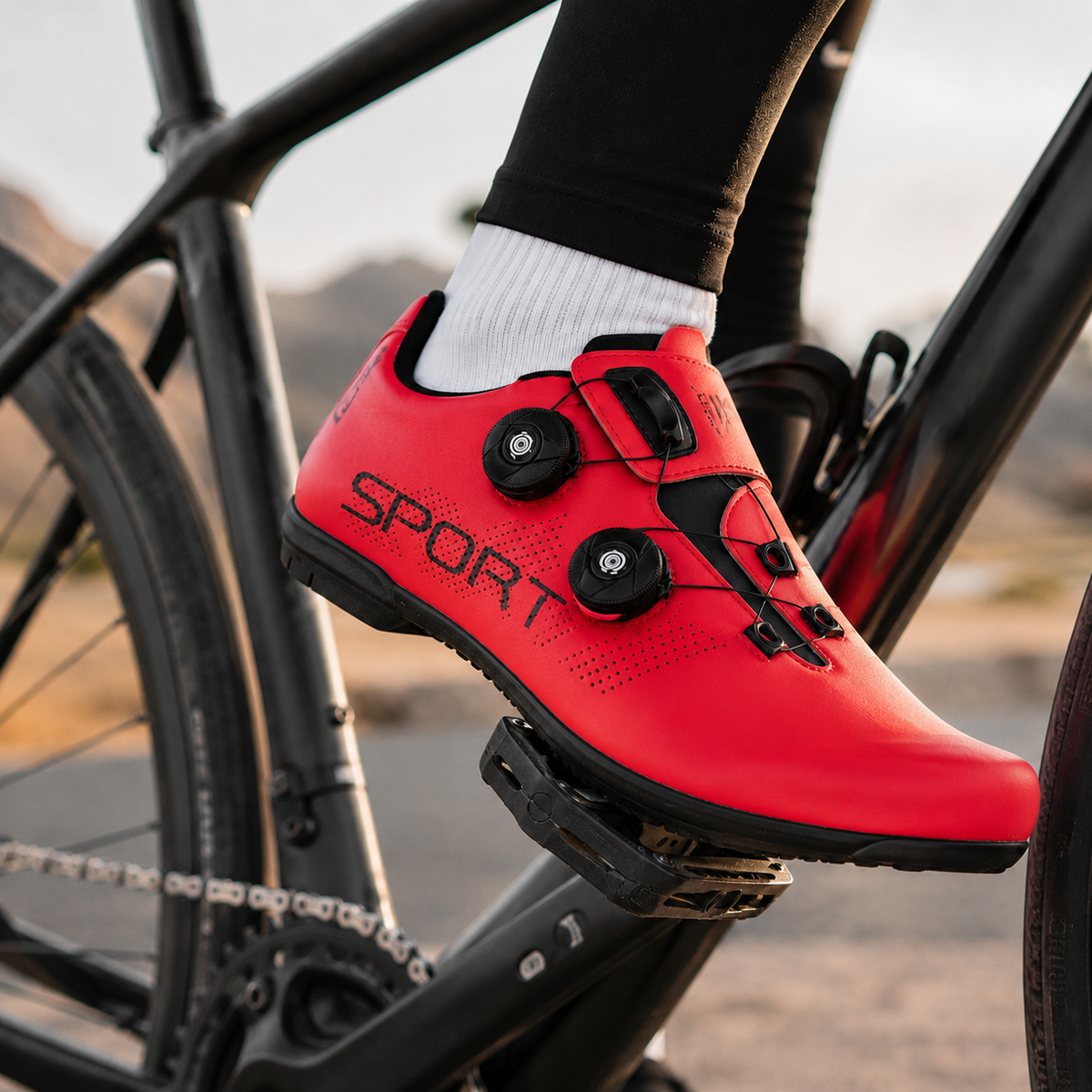 Rider on a flat pedal wearing the cycling shoes in Red