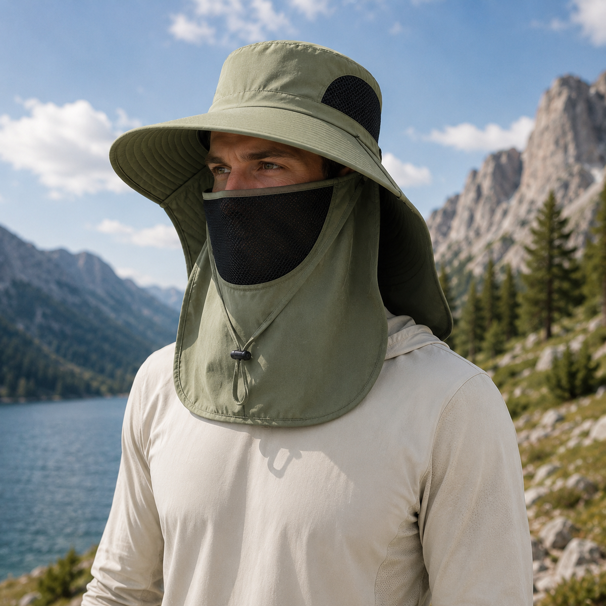 Man wearing the fishing hat in Army Green with the face cover on