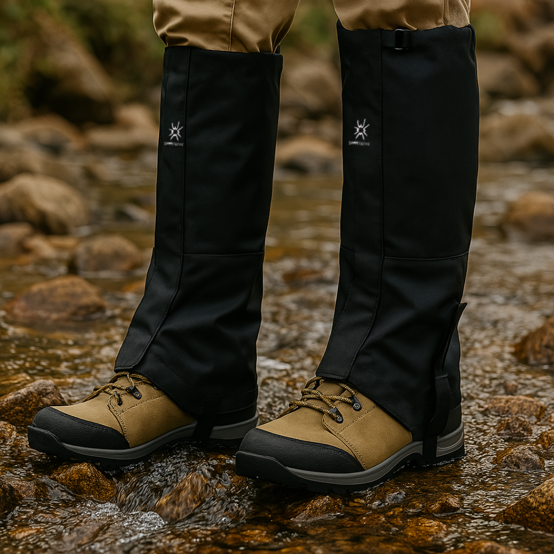 Bushwalker wearing the hiking gaiters in Black on a wet rocky track