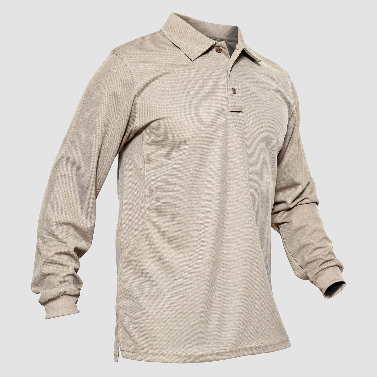 Men's long sleeve polo in Khaki, front view