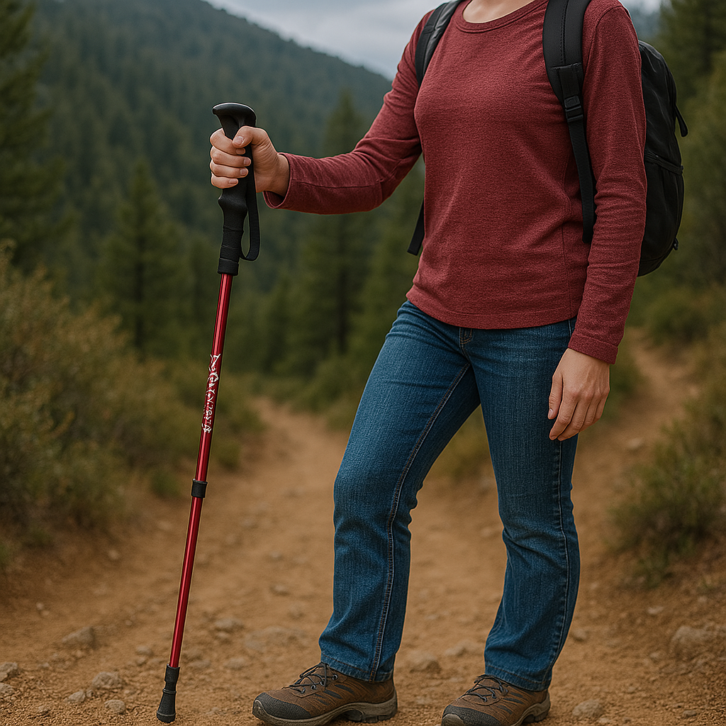 Woman on a bush track with the folding hiking pole in Red