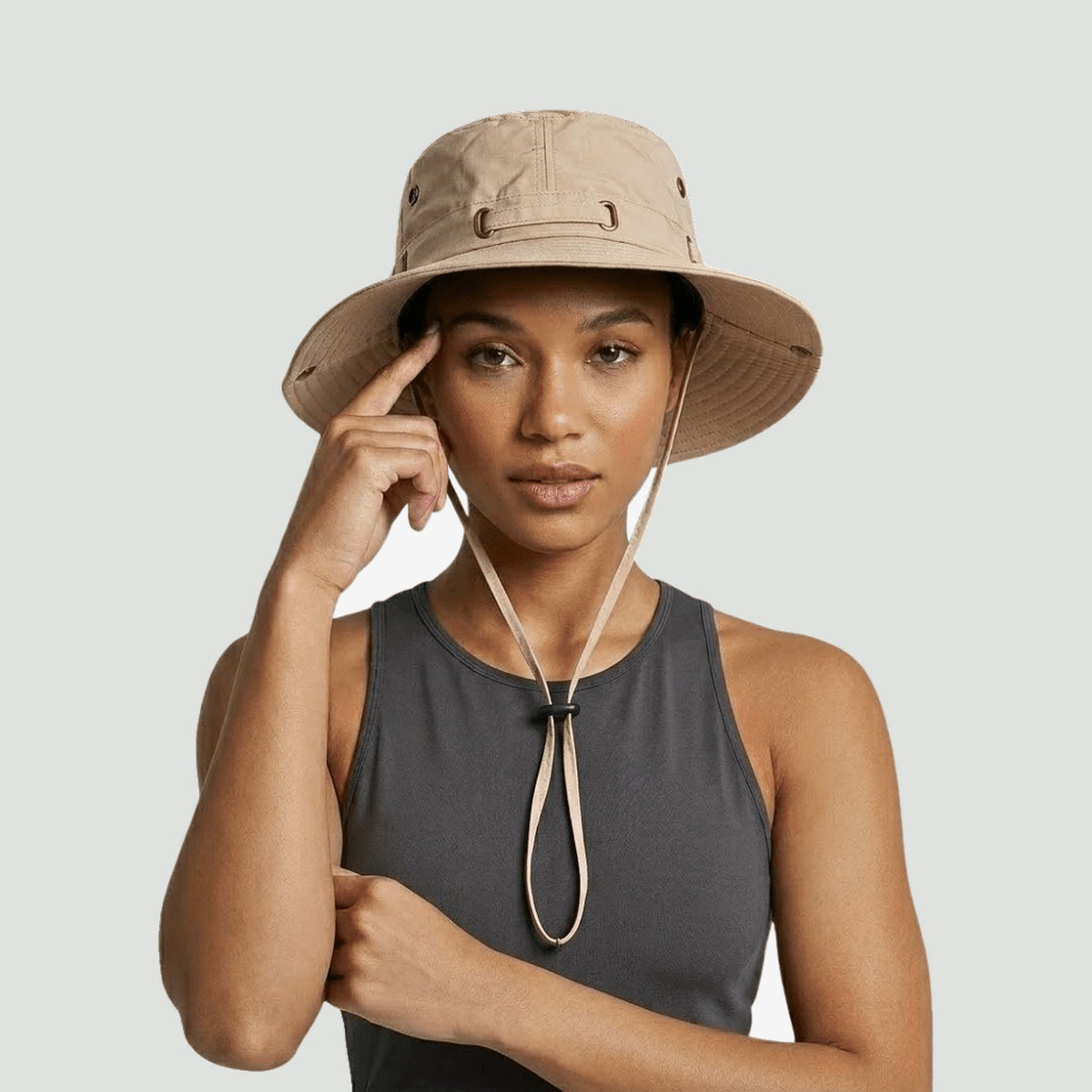 Woman wearing the lightweight boonie hat in Beige
