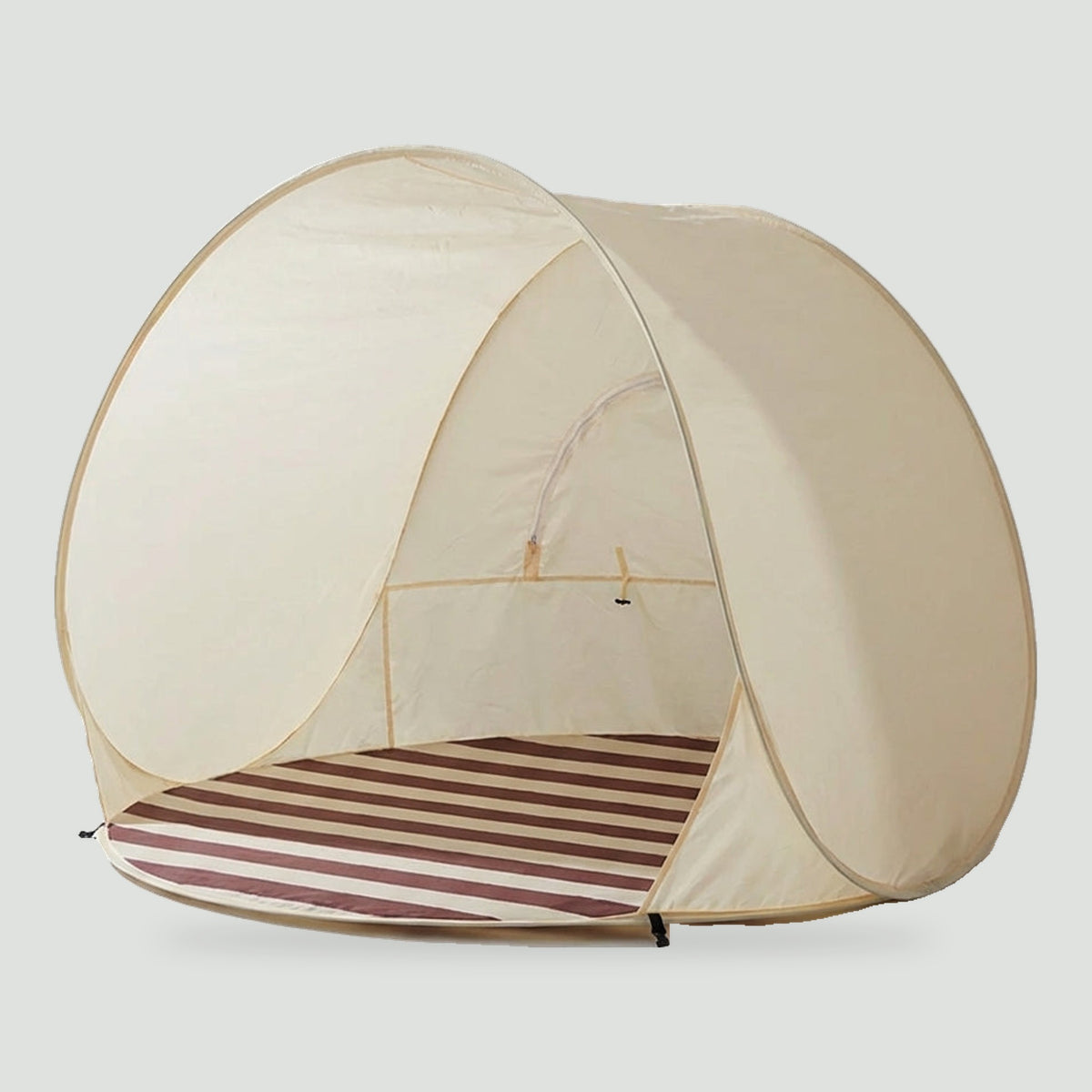 Pop up beach tent in Cream with striped floor, front view