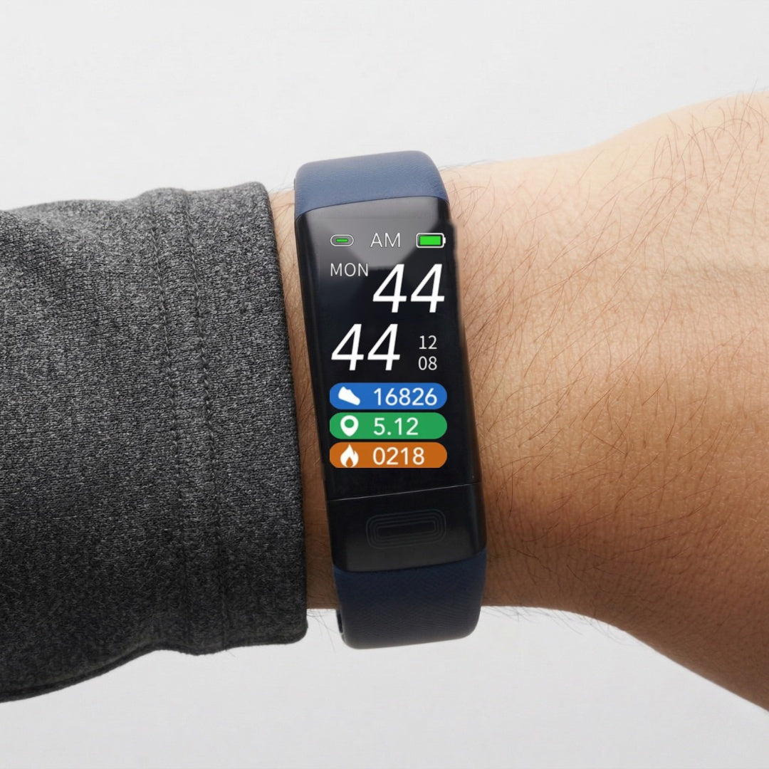 Smart watch fitness tracker in Blue worn on the wrist