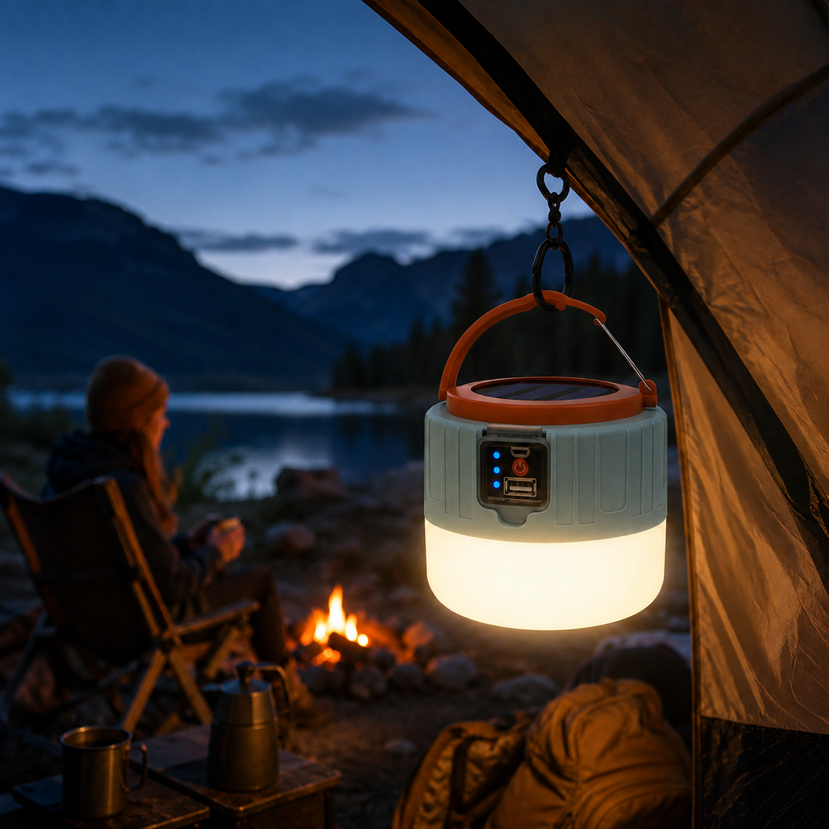 Solar lantern at a campsite at night