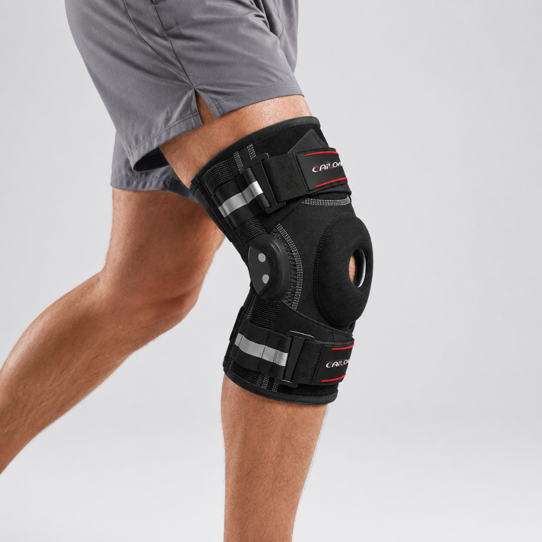 Hinged knee support worn on the knee, side view