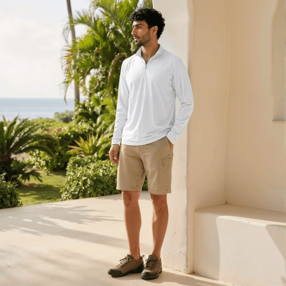 Man wearing the Khaki men's casual shorts outdoors