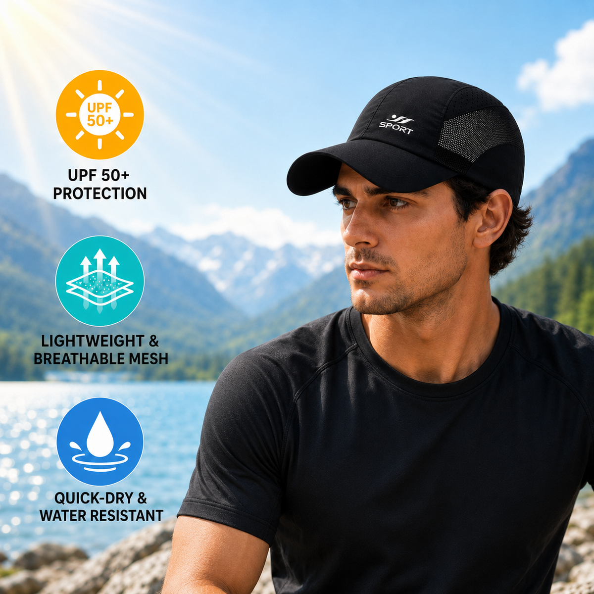 UPF protection, breathable mesh and quick dry