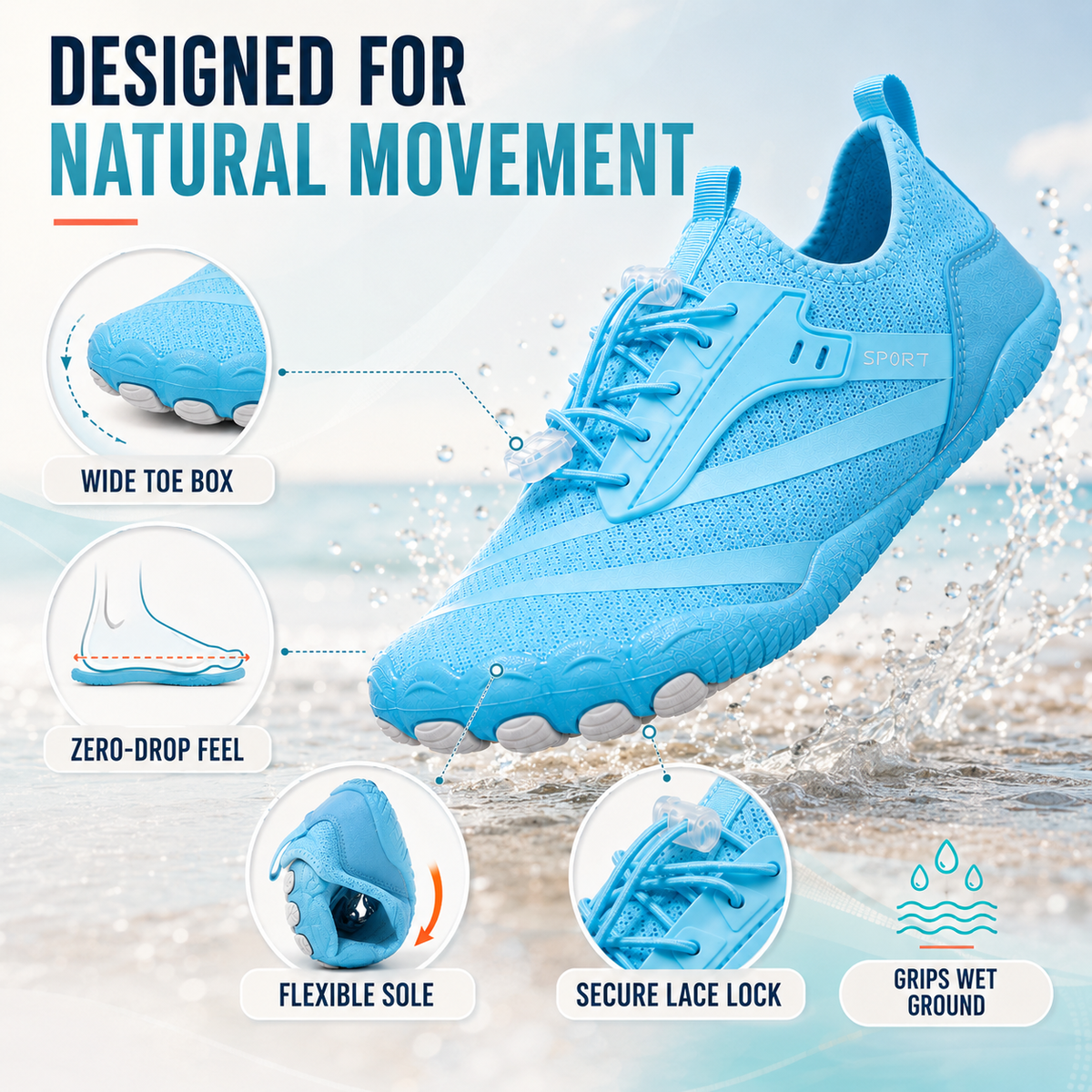 Wide toe box, zero drop feel and flexible sole