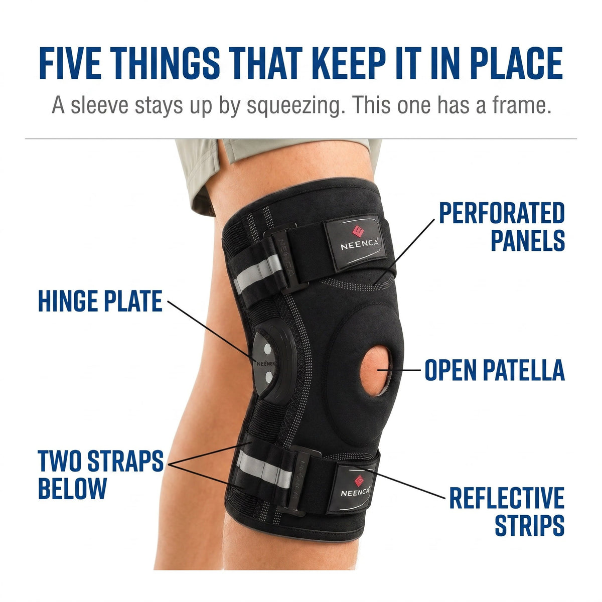 Knee support details: hinge plate, perforated panels, open kneecap, two lower straps and reflective strips