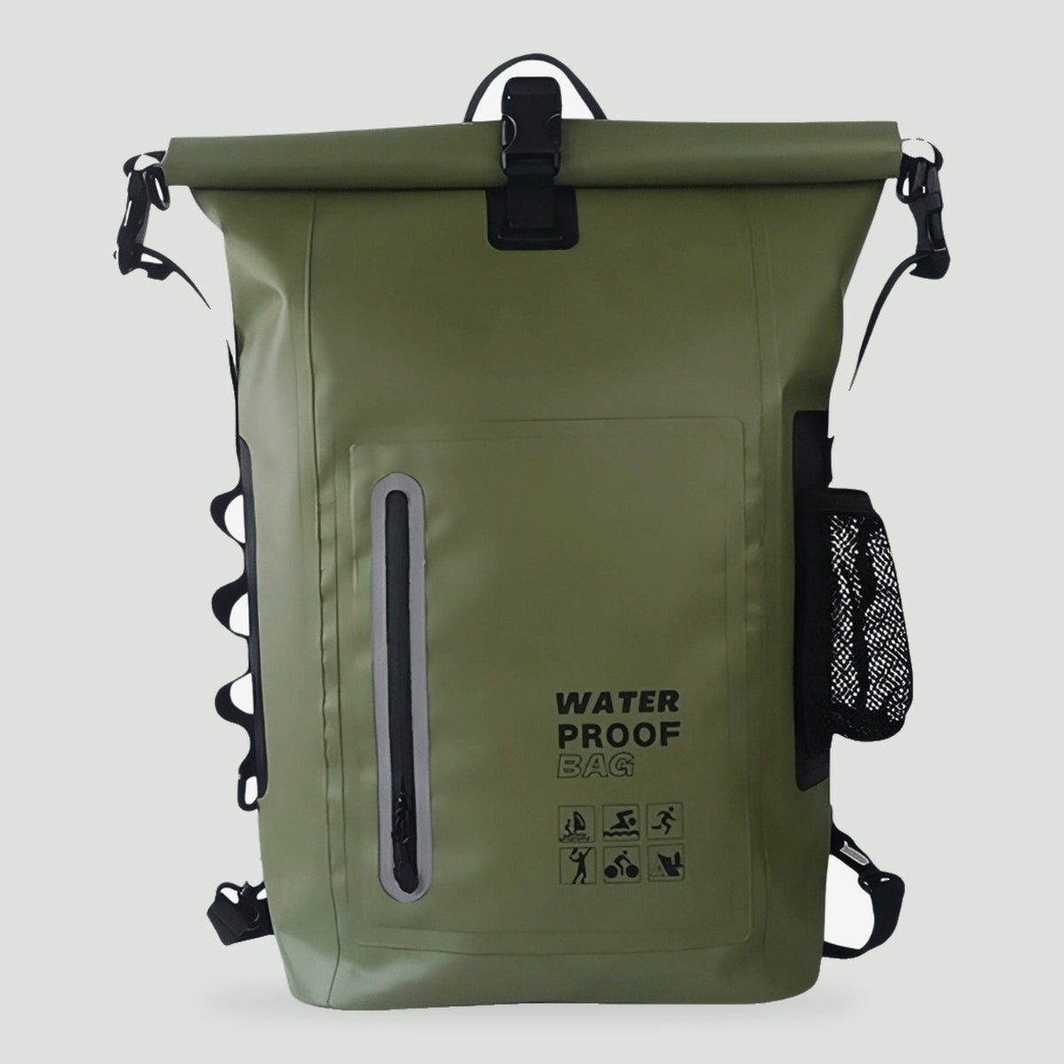 30L waterproof roll top backpack in Olive Green, front view
