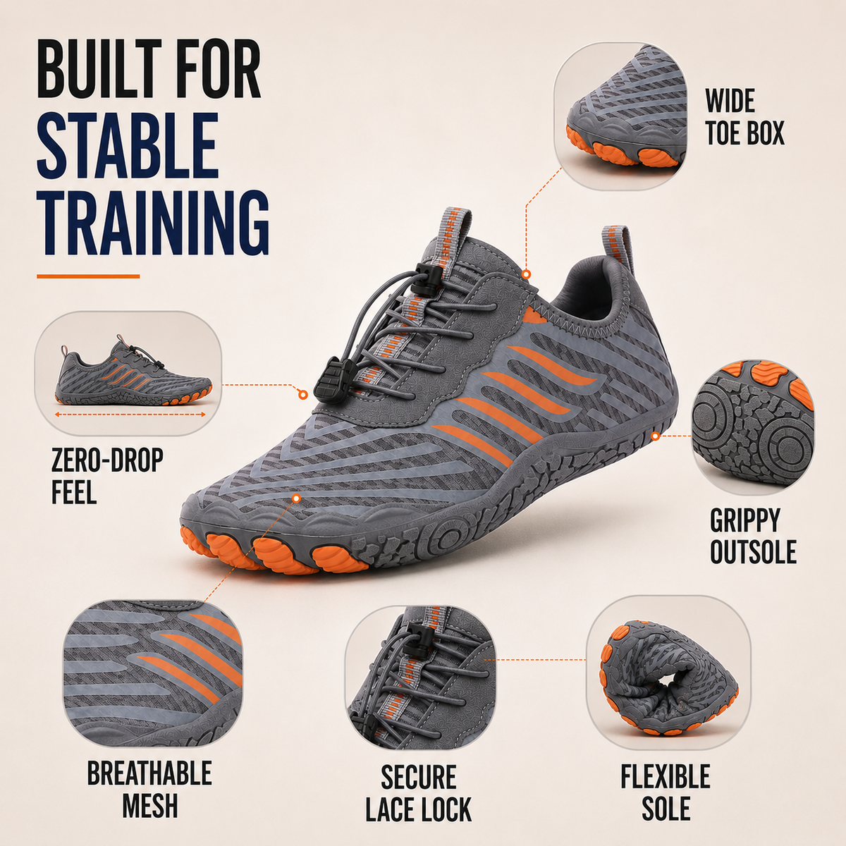 Wide toe box, zero drop, grippy outsole and secure lace lock
