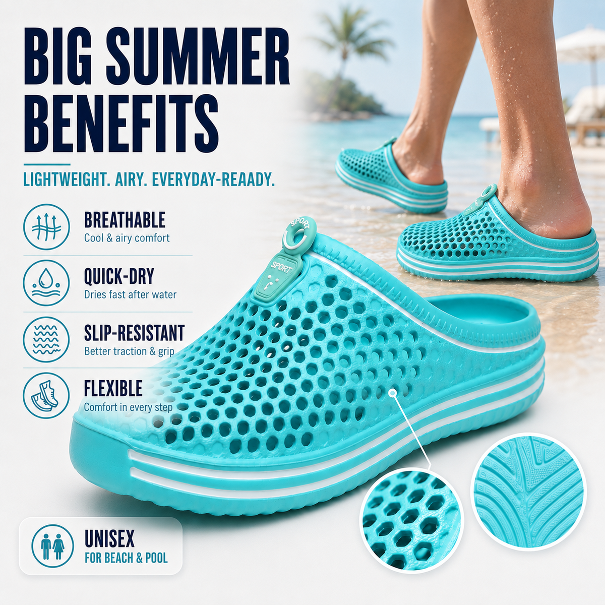 EVA clog benefits: breathable, quick dry, slip-resistant and flexible