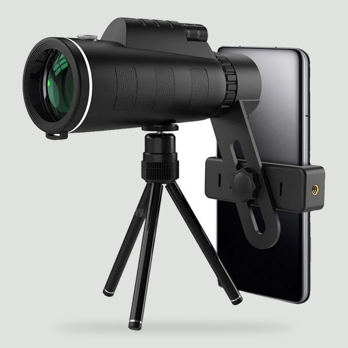 Monocular with mini tripod and phone clamp, front view