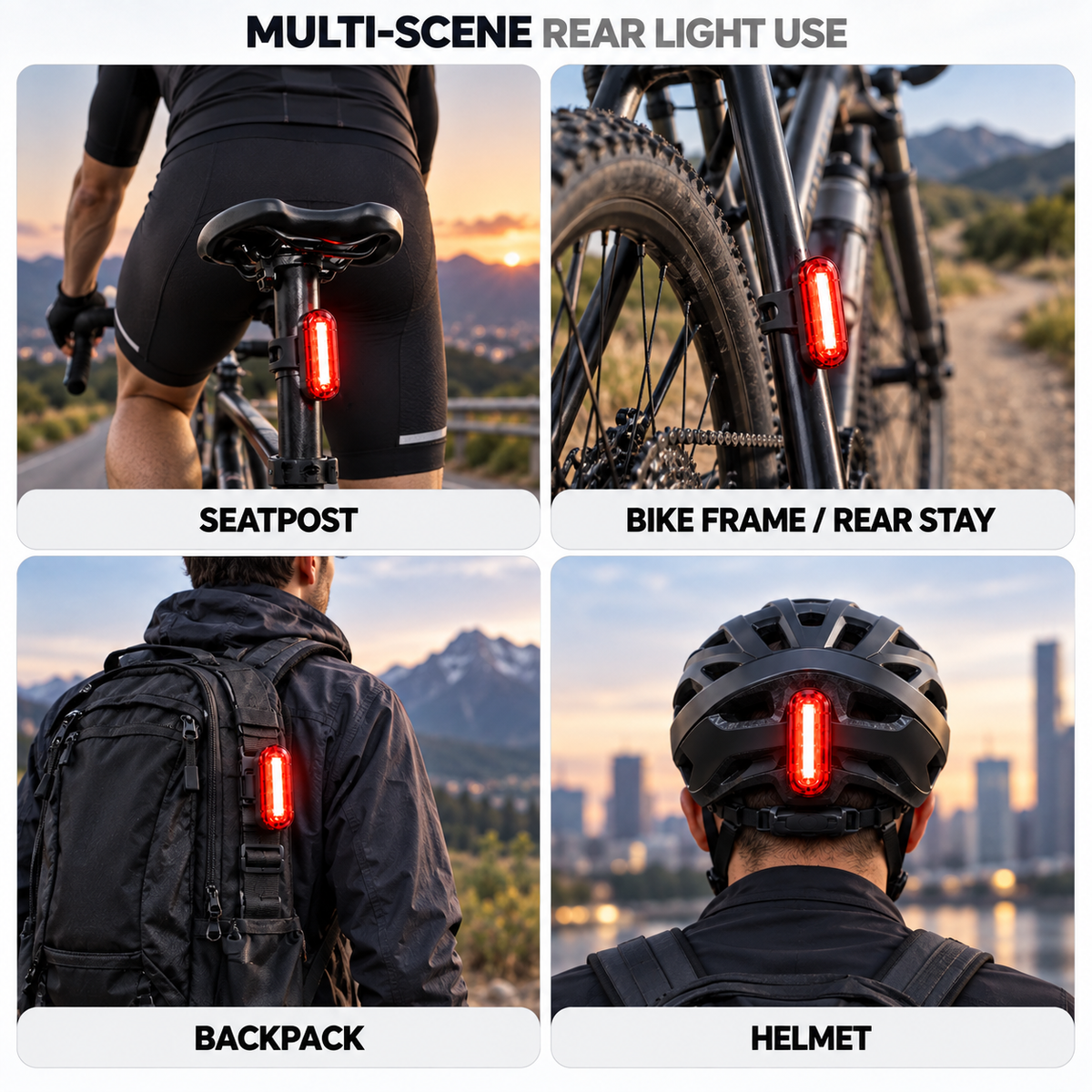 Rear light on a seat post, frame, backpack or helmet