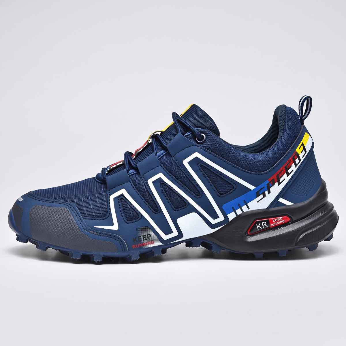 Men's trail running shoes in navy blue - lateral view
