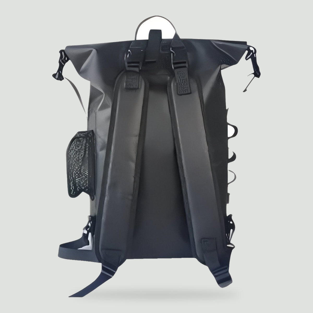 Waterproof roll top backpack, back view with padded shoulder straps