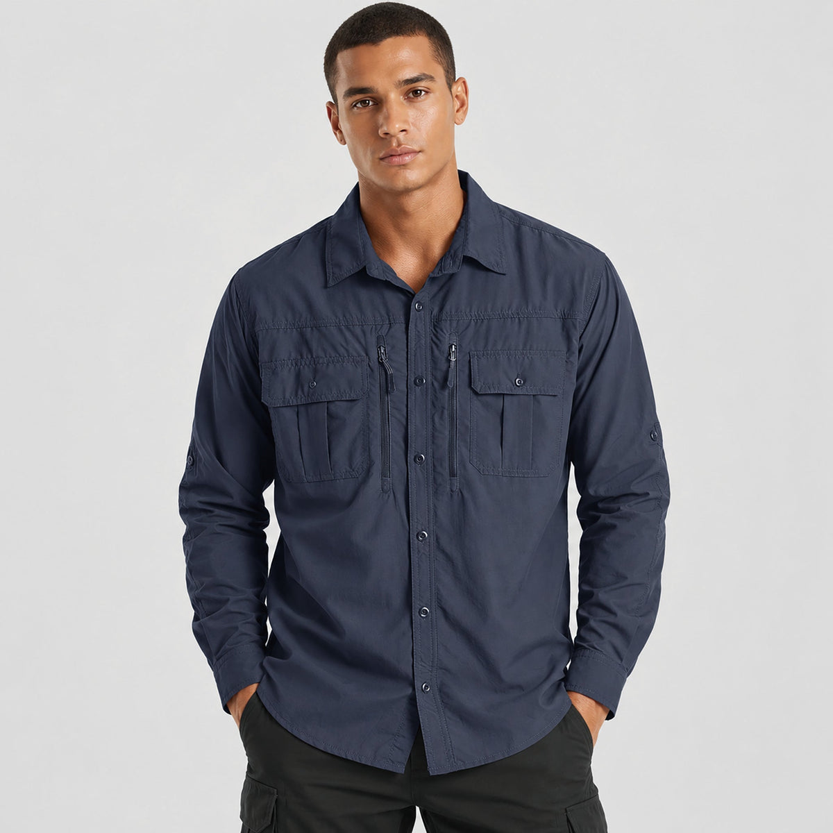 Man wearing the men's hiking shirt in Navy, front view
