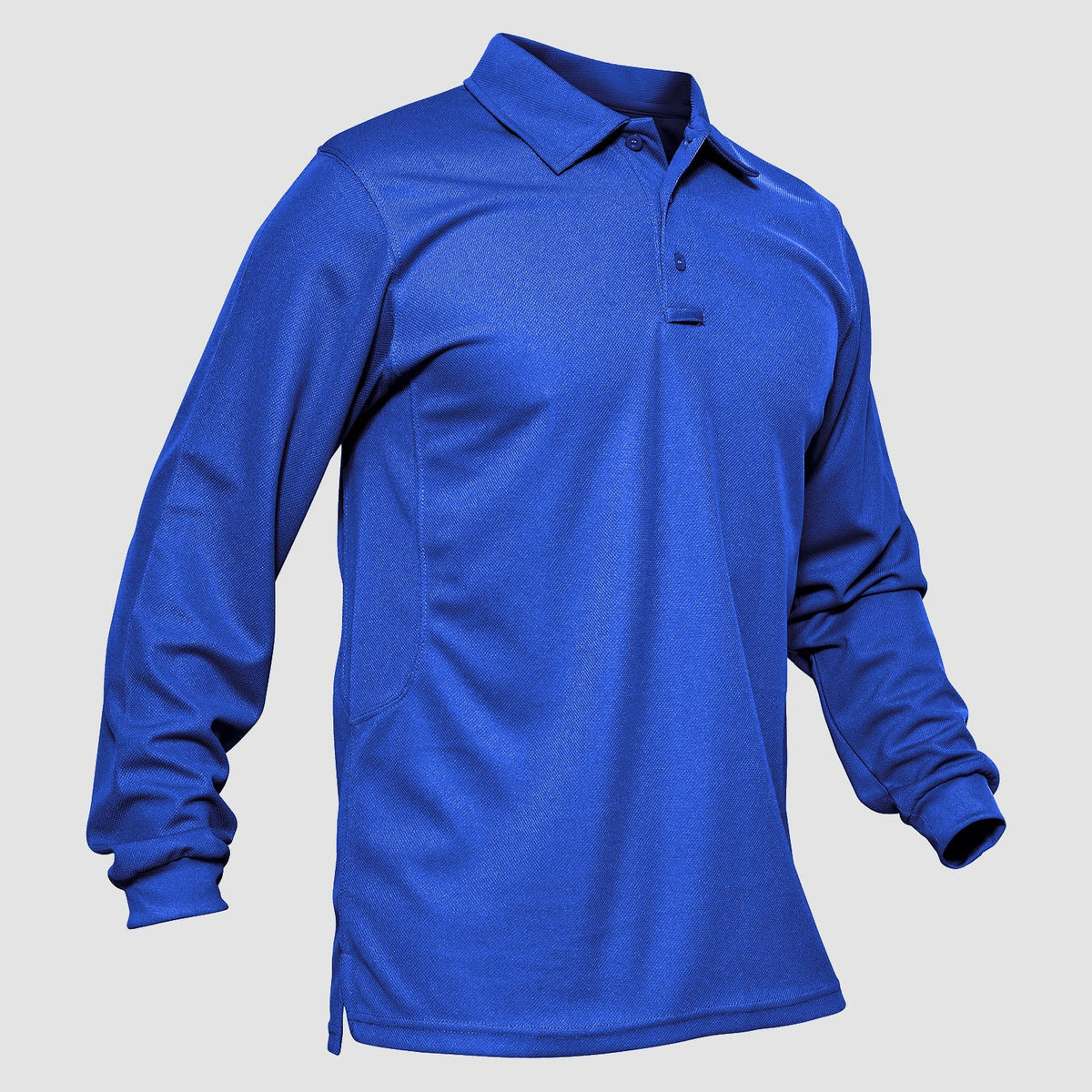 Men's long sleeve polo in Bright Blue, front view