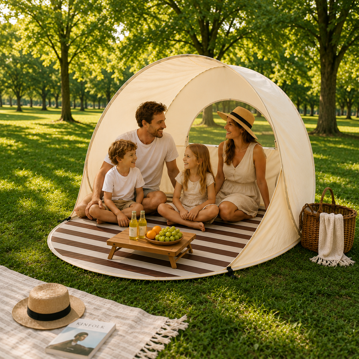 Family sitting in the pop up beach tent on the grass in a park
