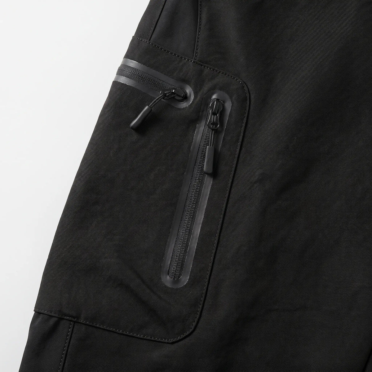 Close-up of the two coated zips on the cargo pocket