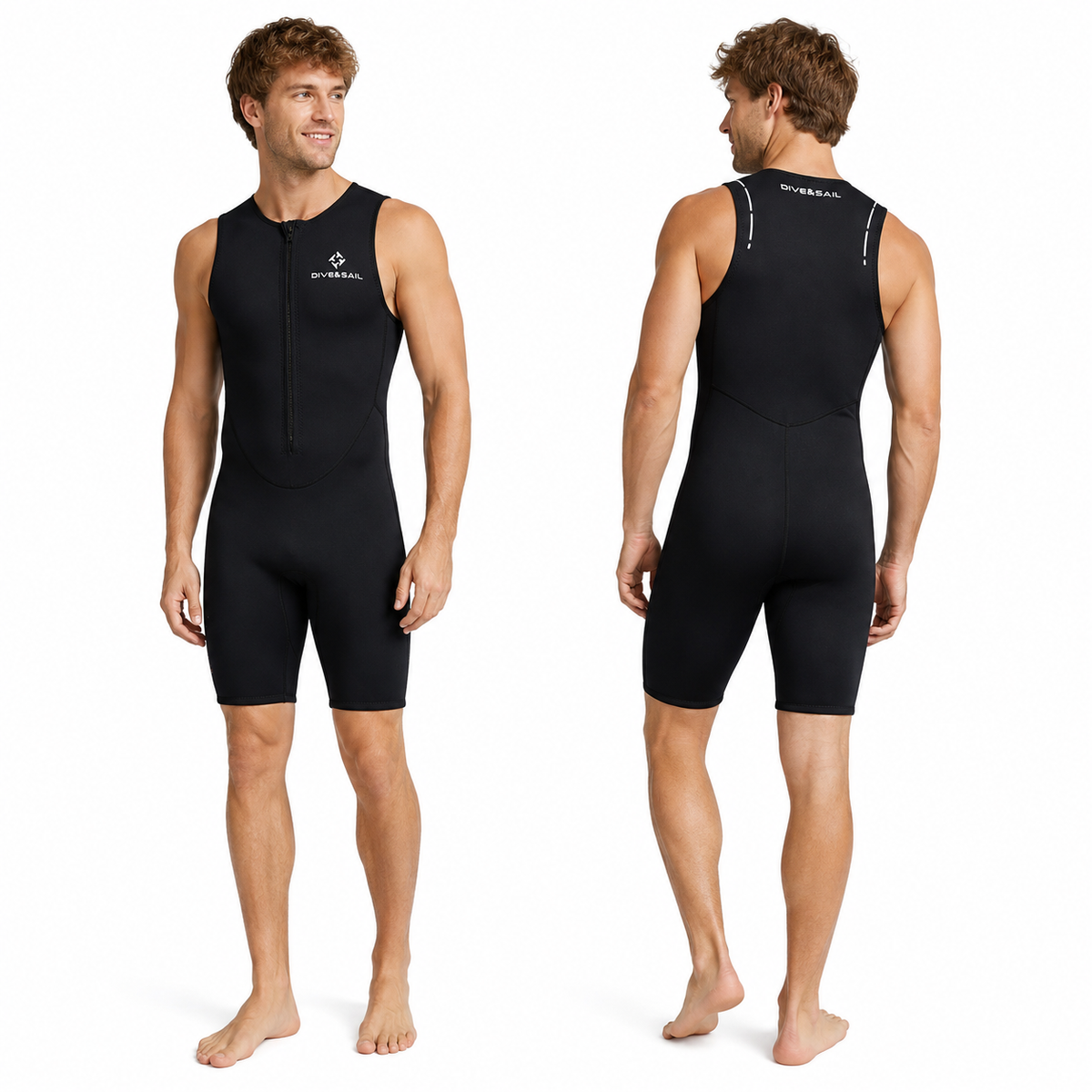 Front and back of the men's shorty wetsuit