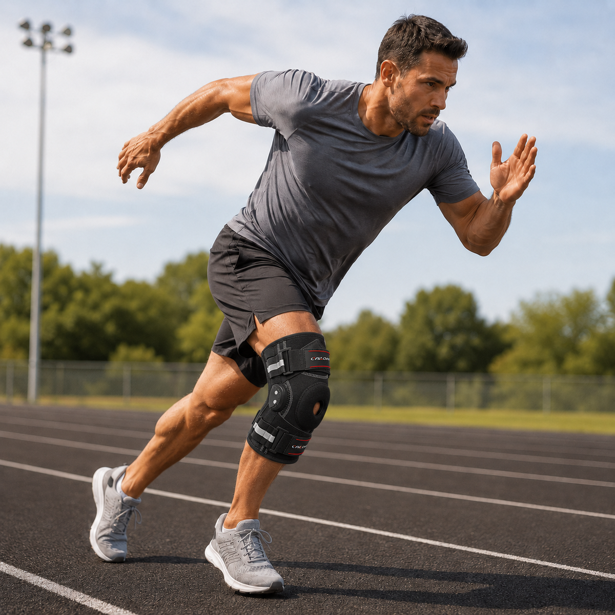 Man sprinting on a running track wearing the hinged knee support