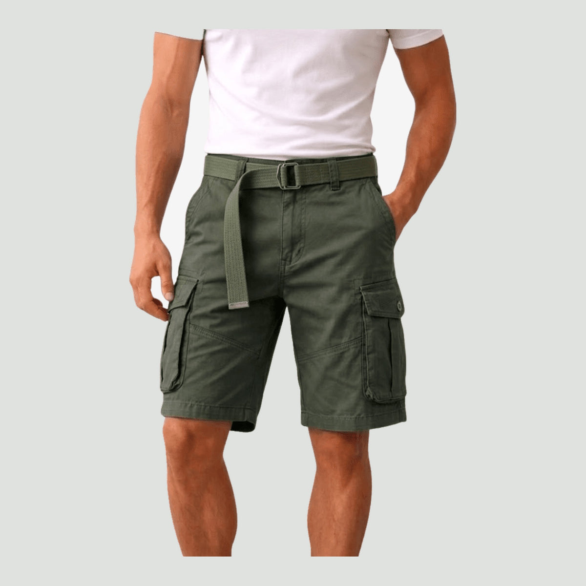 Man wearing the men's hiking shorts in Olive Green