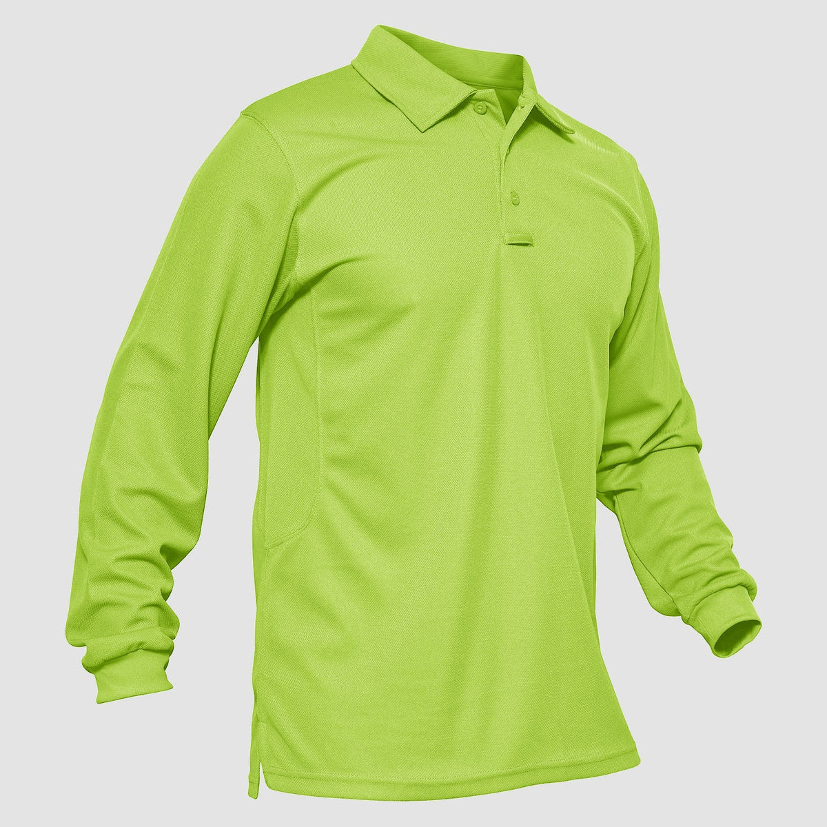 Men's long sleeve polo in Yellow Green, front view