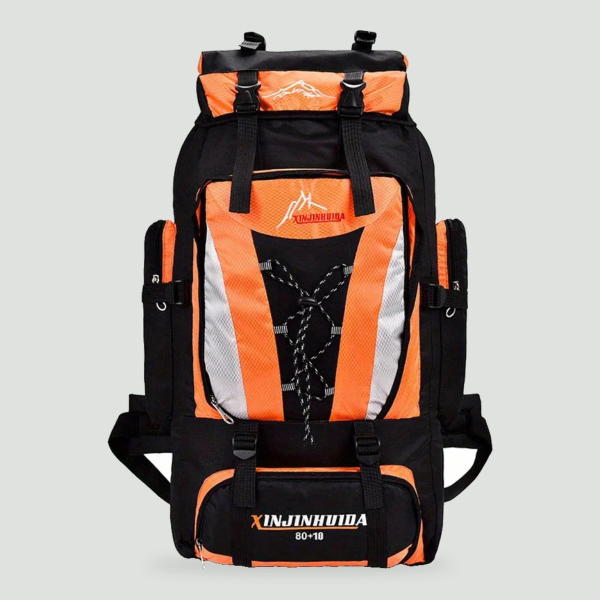 80L hiking rucksack in Orange, front view