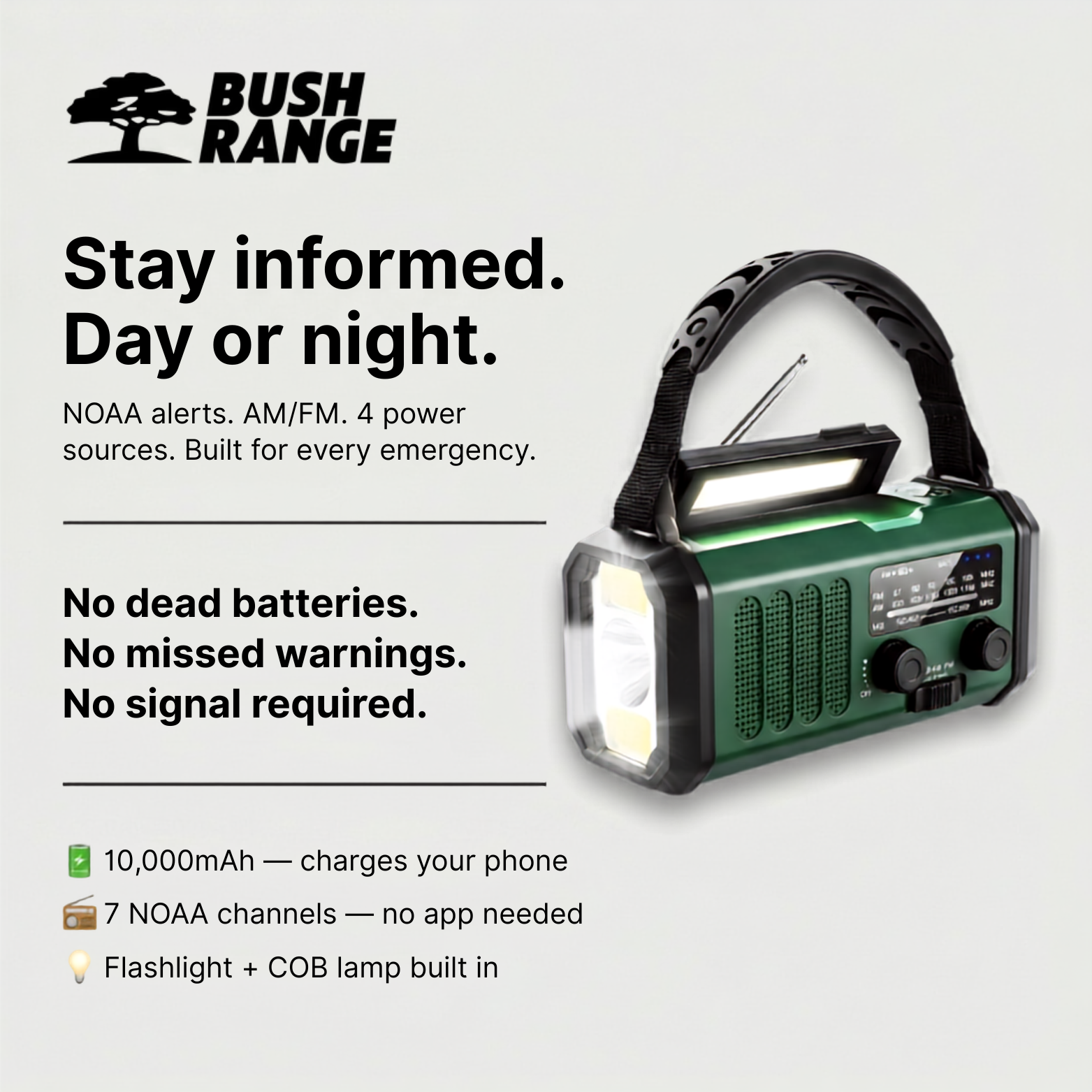 Emergency Radio with Solar & Hand Crank – 10000 mAh Power Bank