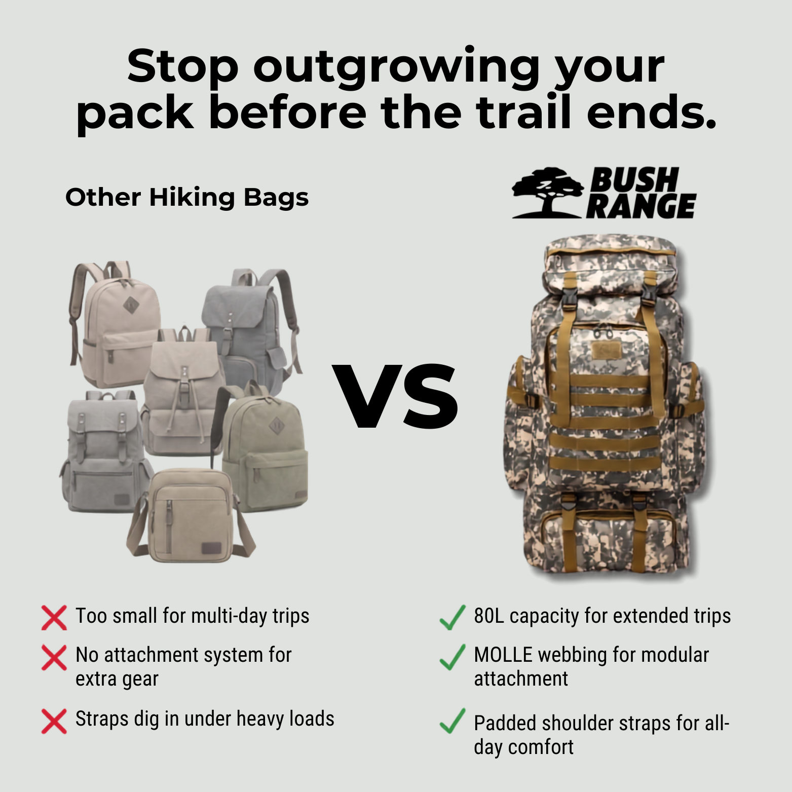 Outdoor hiking backpack – foldable drawstring backpack for camping and travel - 70L