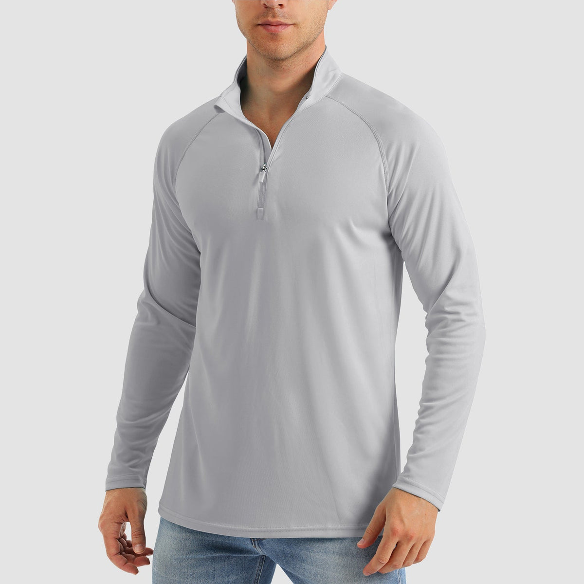 Men's quarter zip fishing shirt in Light Grey, front view