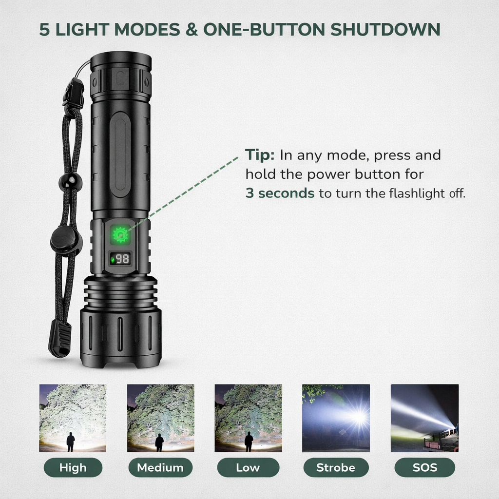 LED flashlight 5 light modes: high, medium, low, strobe and SOS; hold the power button 3 seconds to turn off