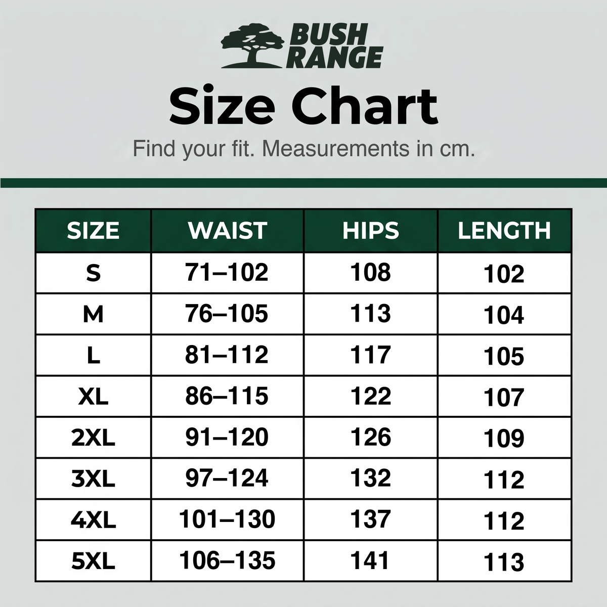 Men's weather-resistant outdoor pants size chart: waist, hips and length in cm and inches, sizes S to 5XL