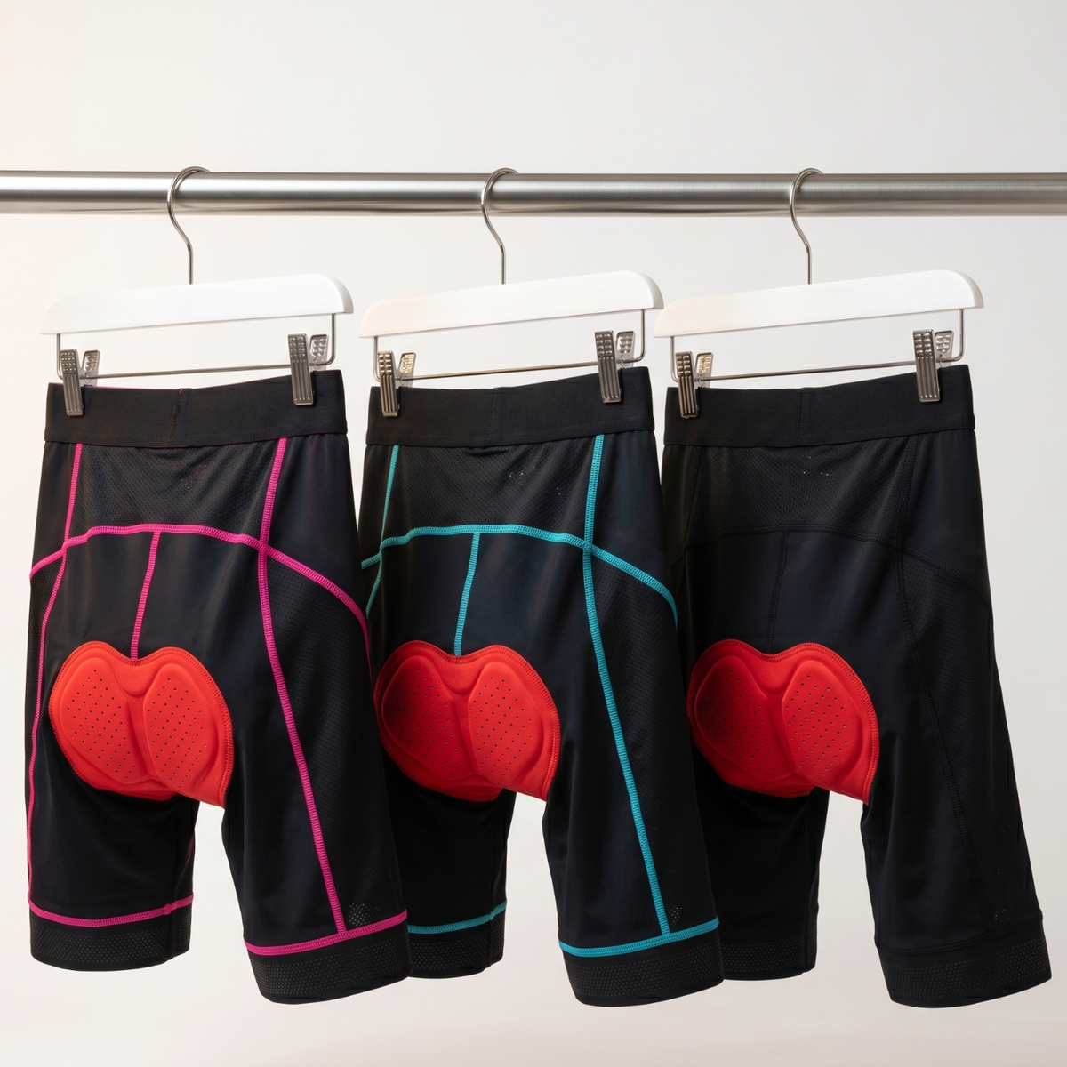 Women's padded cycling shorts from behind in three colourways on hangers