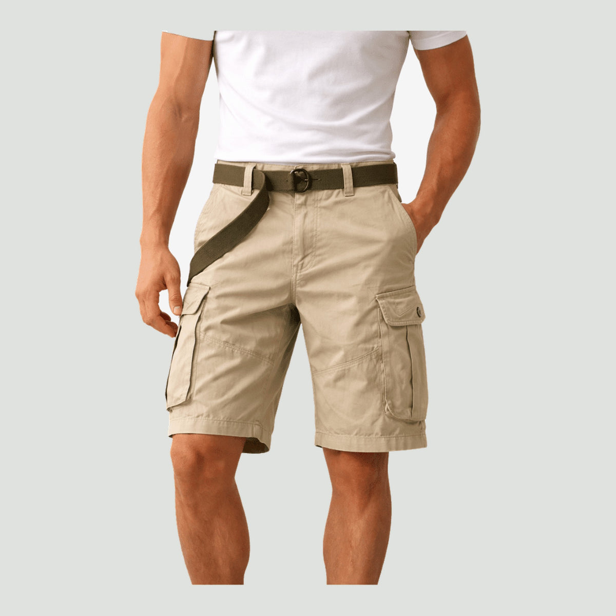 Man wearing the men's hiking shorts in Light Beige, front view