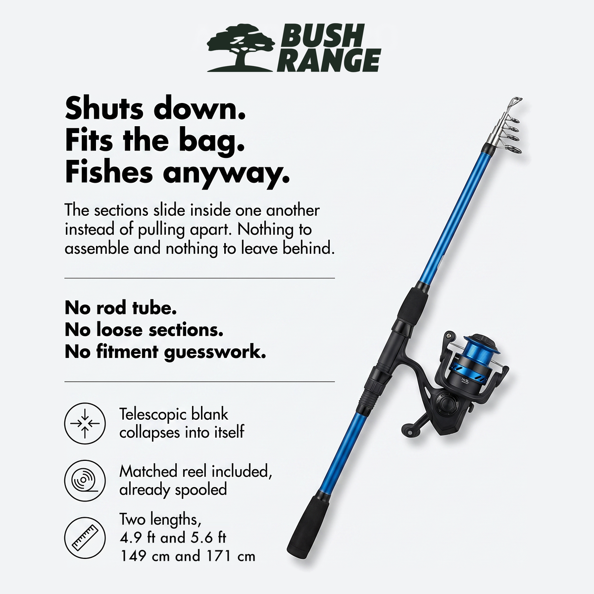 How it works: telescopic blank, matched reel and two lengths, 4.9 ft and 5.6 ft