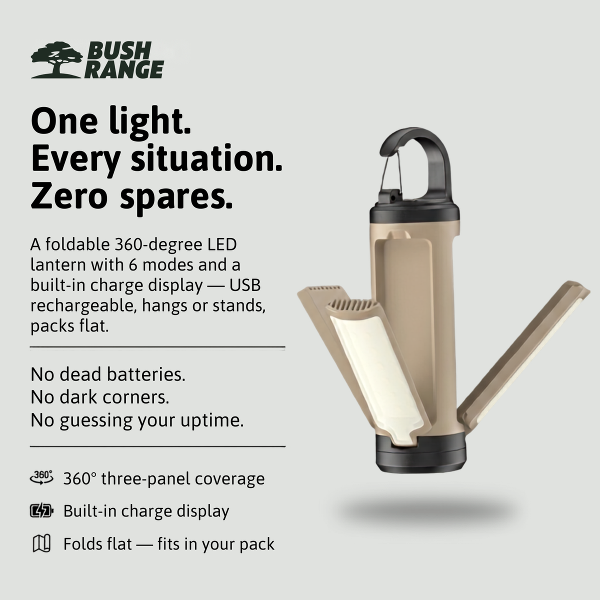 Rechargeable 360-degree LED camping lantern with built-in charge display, folds flat