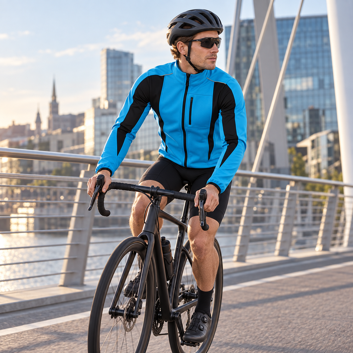 Man riding a road bike in the men's cycling jacket in Lake Blue