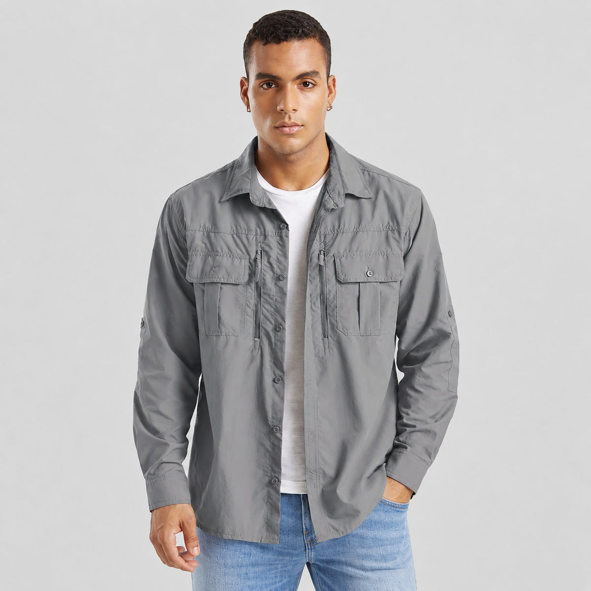 Man wearing the men's hiking shirt in Light Grey, front view