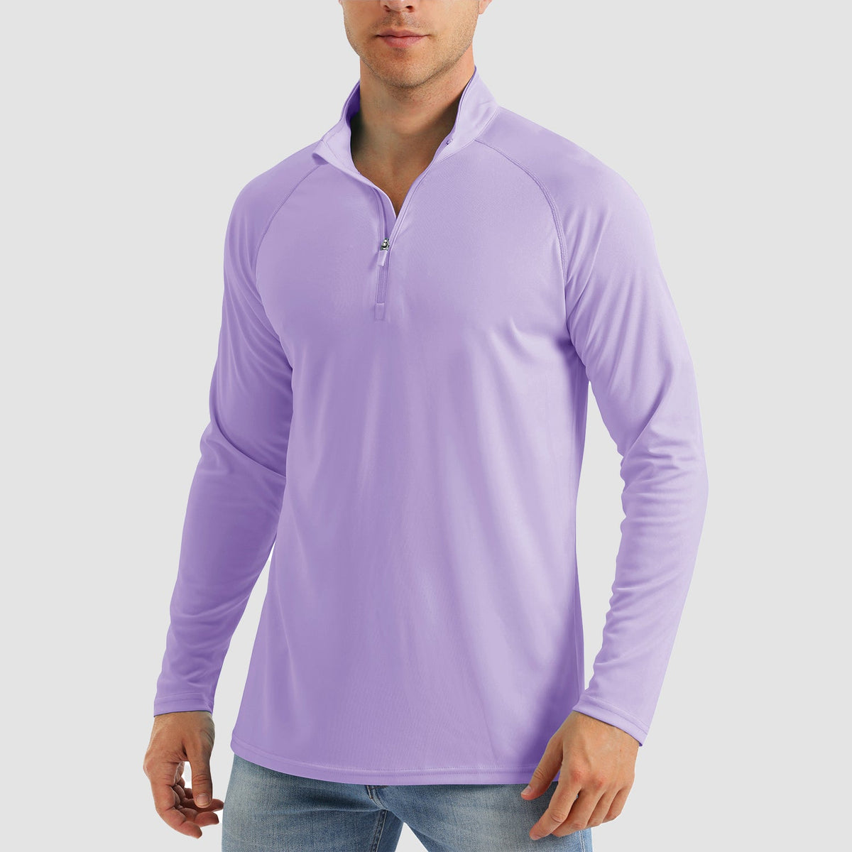 Men's quarter zip fishing shirt in Light Purple, front view