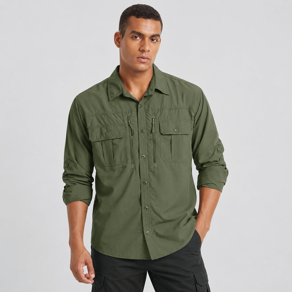 Man wearing the men's hiking shirt in Army Green, front view