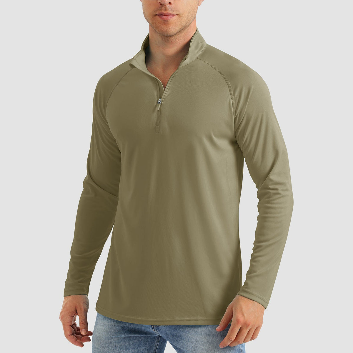 Men's quarter zip fishing shirt in Olive, front view