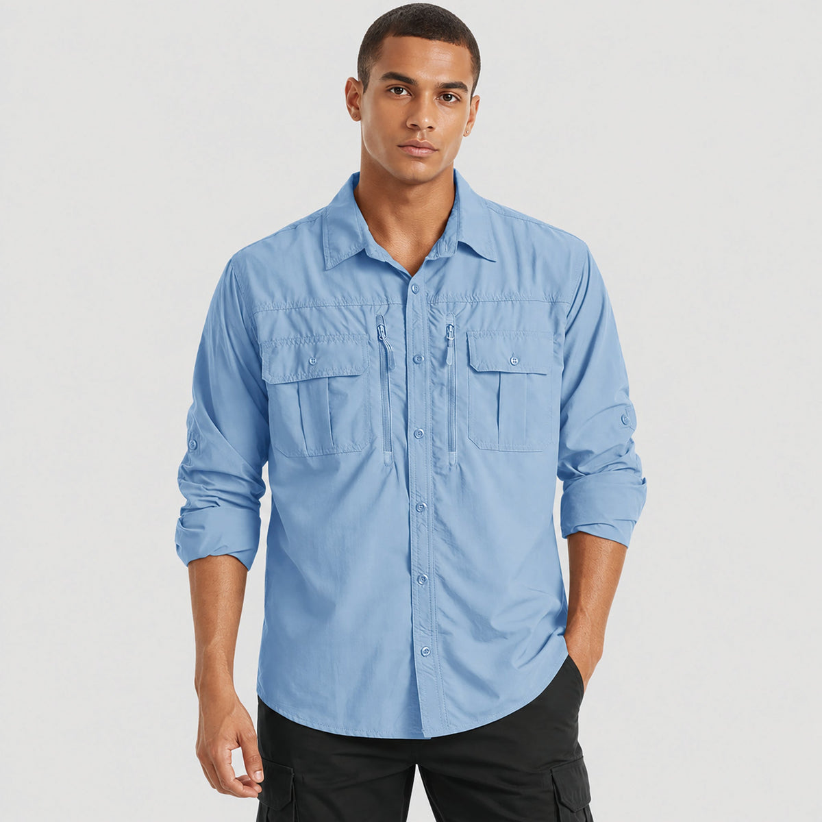 Man wearing the men's hiking shirt in Sky Blue, front view