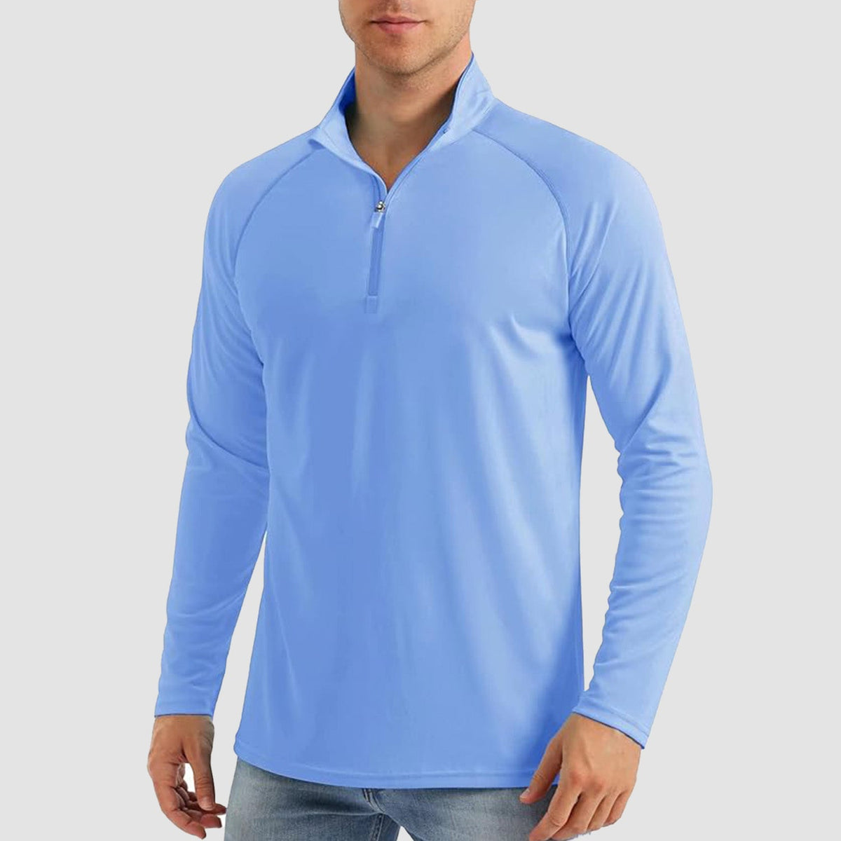 Men's quarter zip fishing shirt in Light Blue, front view
