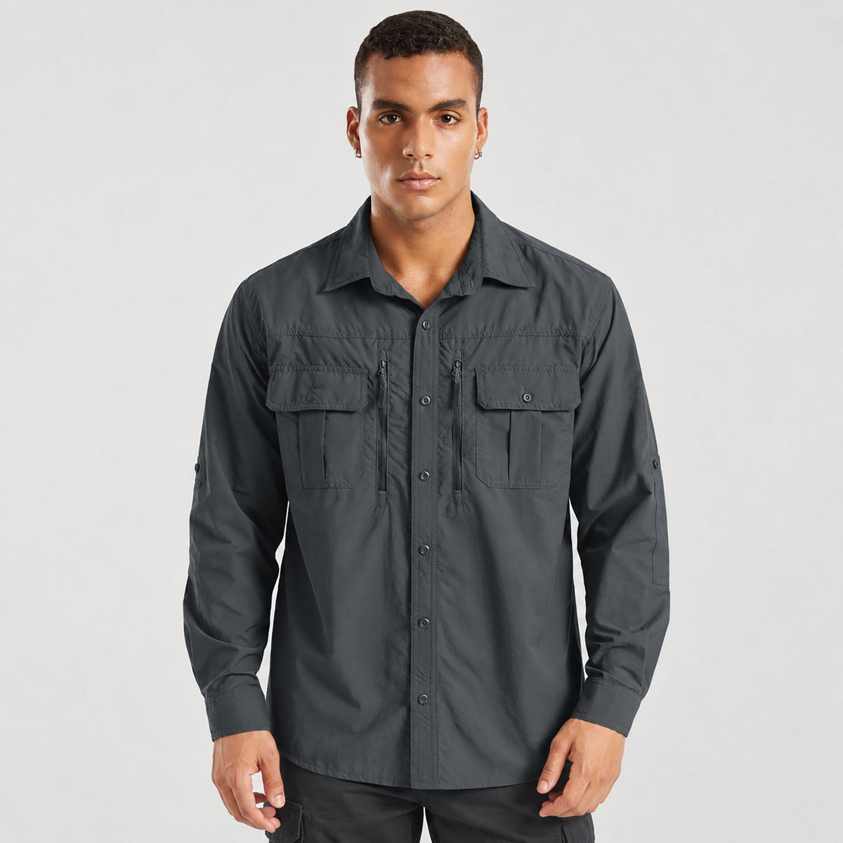 Man wearing the men's hiking shirt in Dark Grey, front view
