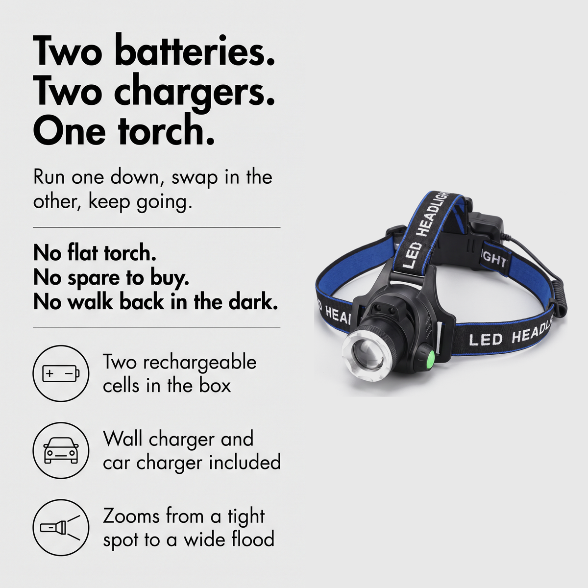 Two batteries, two chargers, one torch