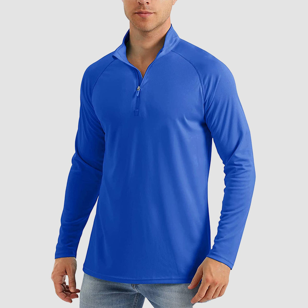 Men's quarter zip fishing shirt in Bright Blue, front view